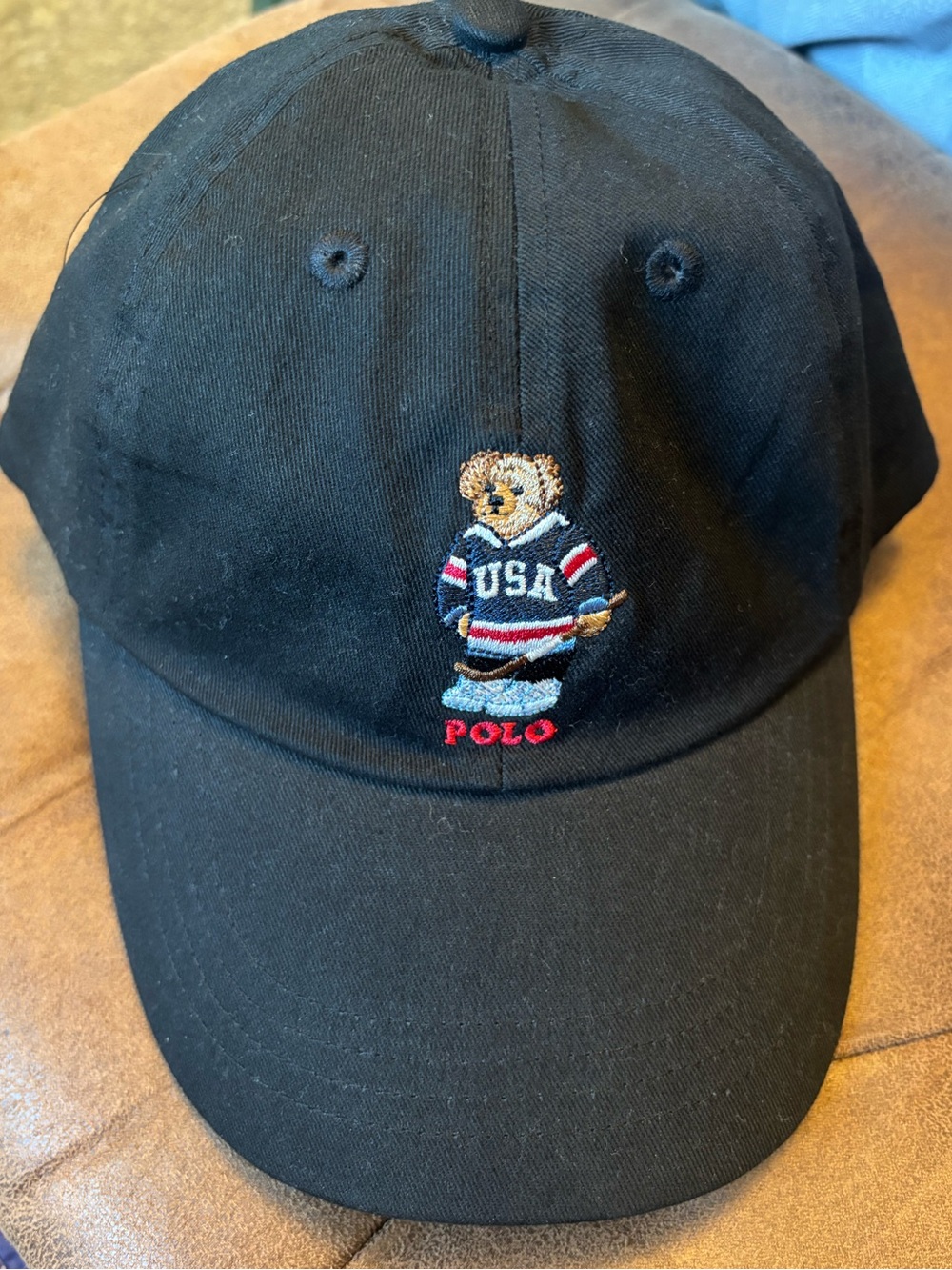 Ralph Lauren Black Cap with USA Hockey Polo Bear Embroidery
